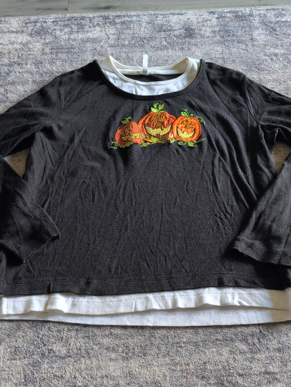 White Stag Black Long-Sleeve Tee with Orange Pumpkin Embroidery